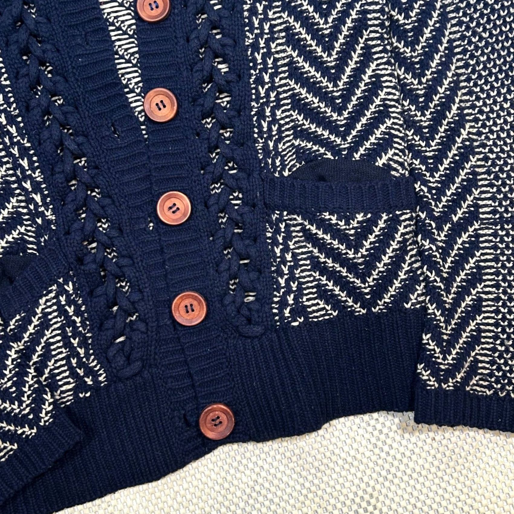 Anthropologie HWR Cardigan Sweater Hooded Button Front Geometric Knit Blue Cream Womens S Size S / US 4 / IT 40 - 3 Thumbnail