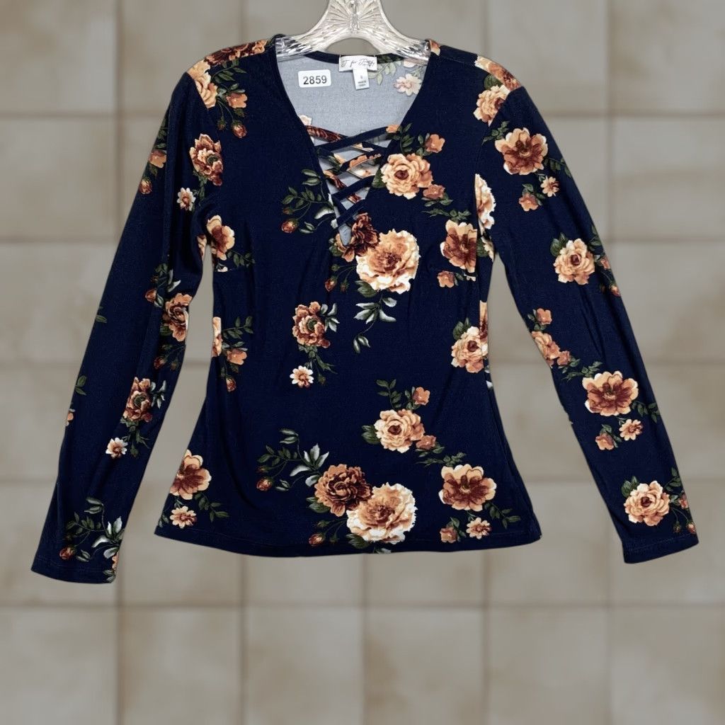 Vintage J for Justify Women Top Long Sleeve Floral Blue V-Neck Pullover XS S Size S / US 4 / IT 40 - 1 Thumbnail