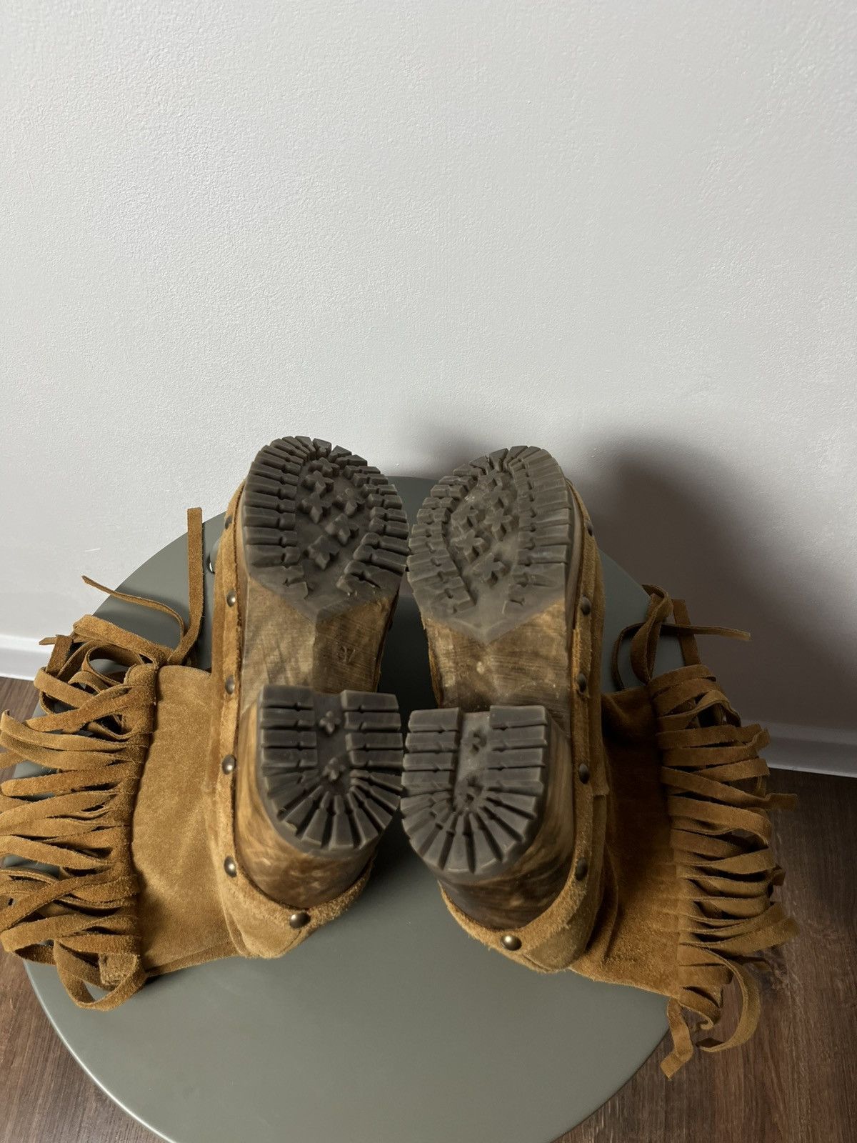 Cowboy Equipment × Vintage Western Fringe Suede Leather Boots with Wooden Platform Sole Size US 6 / IT 36 - 11 Thumbnail