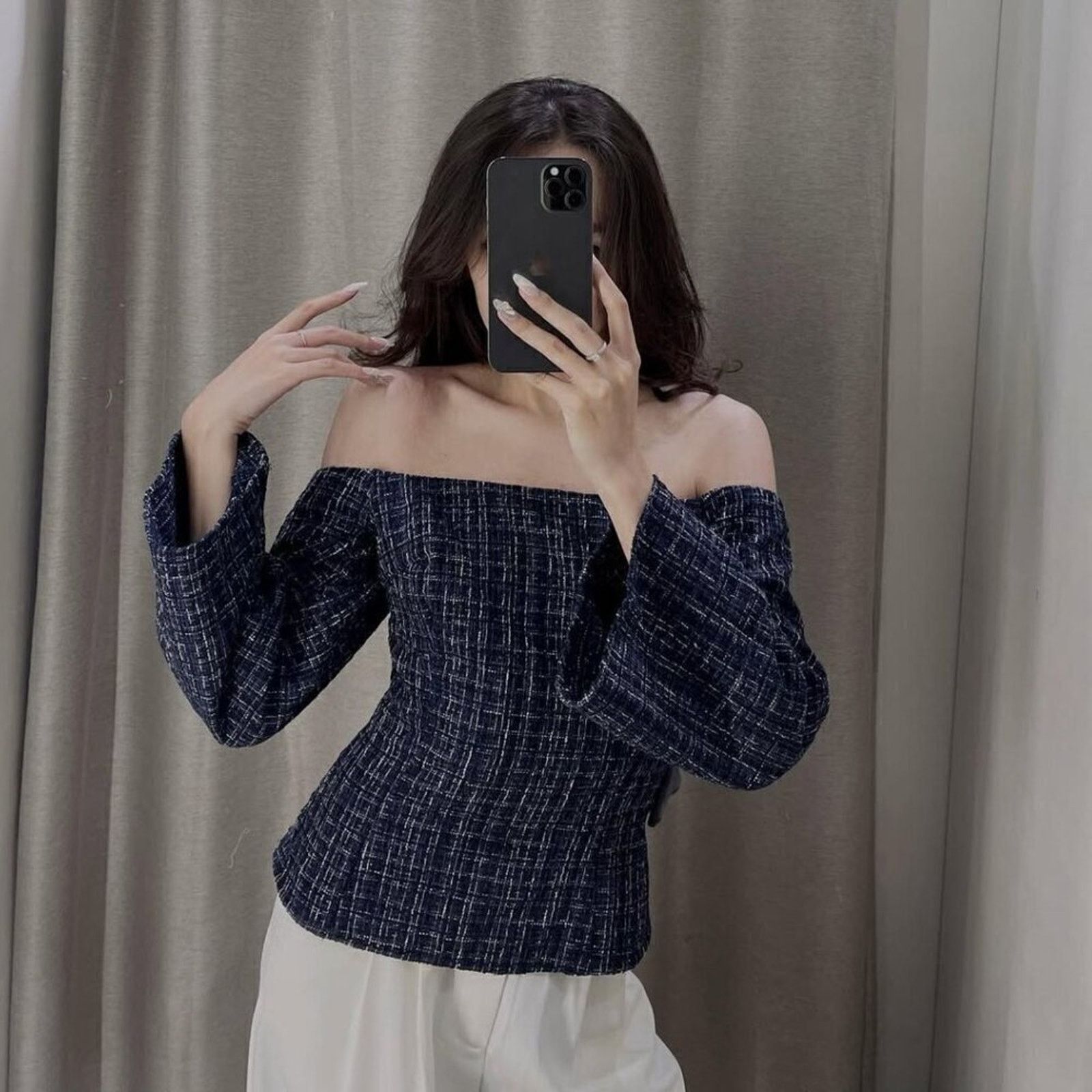 Zara Zara Navy Tweed Off Shoulder Top NWT M Size M / US 6-8 / IT 42-44 - 17 Thumbnail