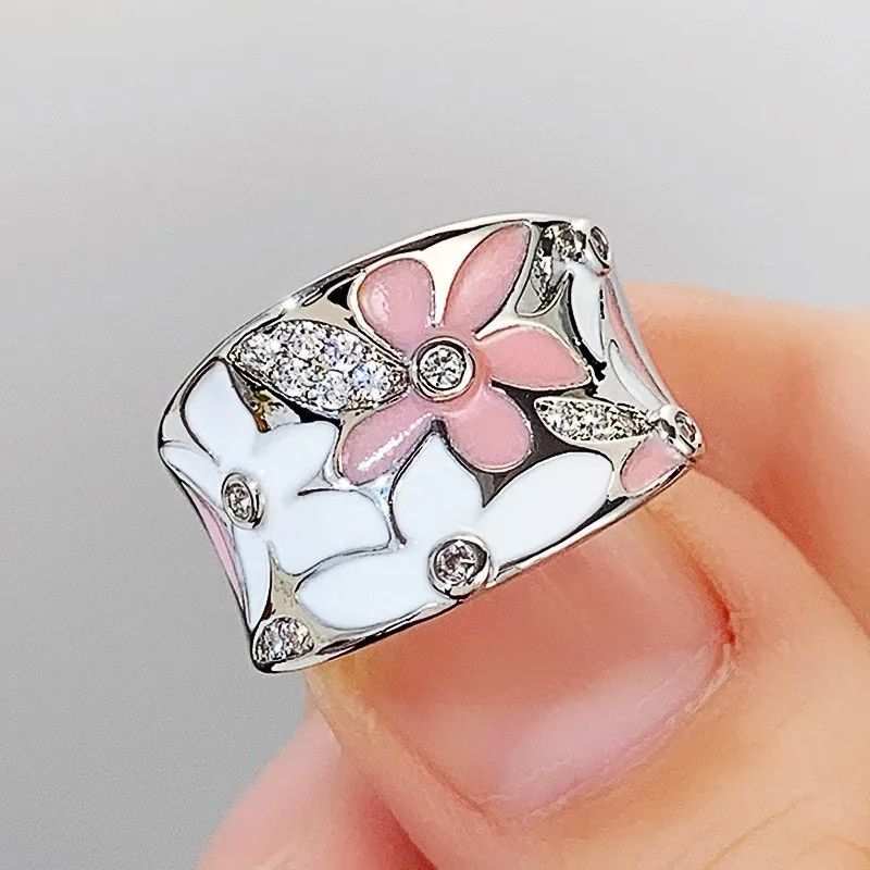 Jewelry × Vintage Aesthetic Enamel Flower Finger Ring Size ONE SIZE - 5 Thumbnail