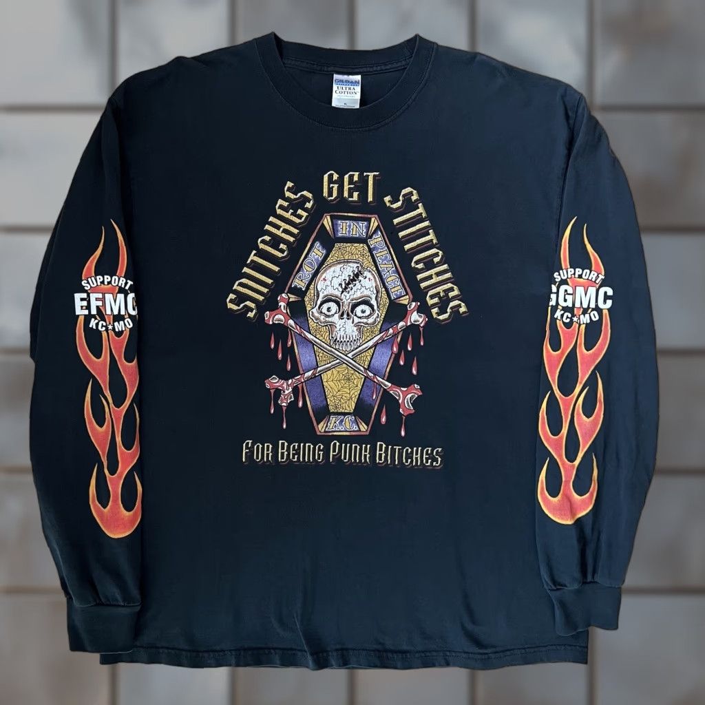 Vintage Vintage Motorcycle Gang Shirt XL Black Snitches Get Stitches Biker Punk Art Hog Size US XL / EU 56 / 4 - 1 Thumbnail