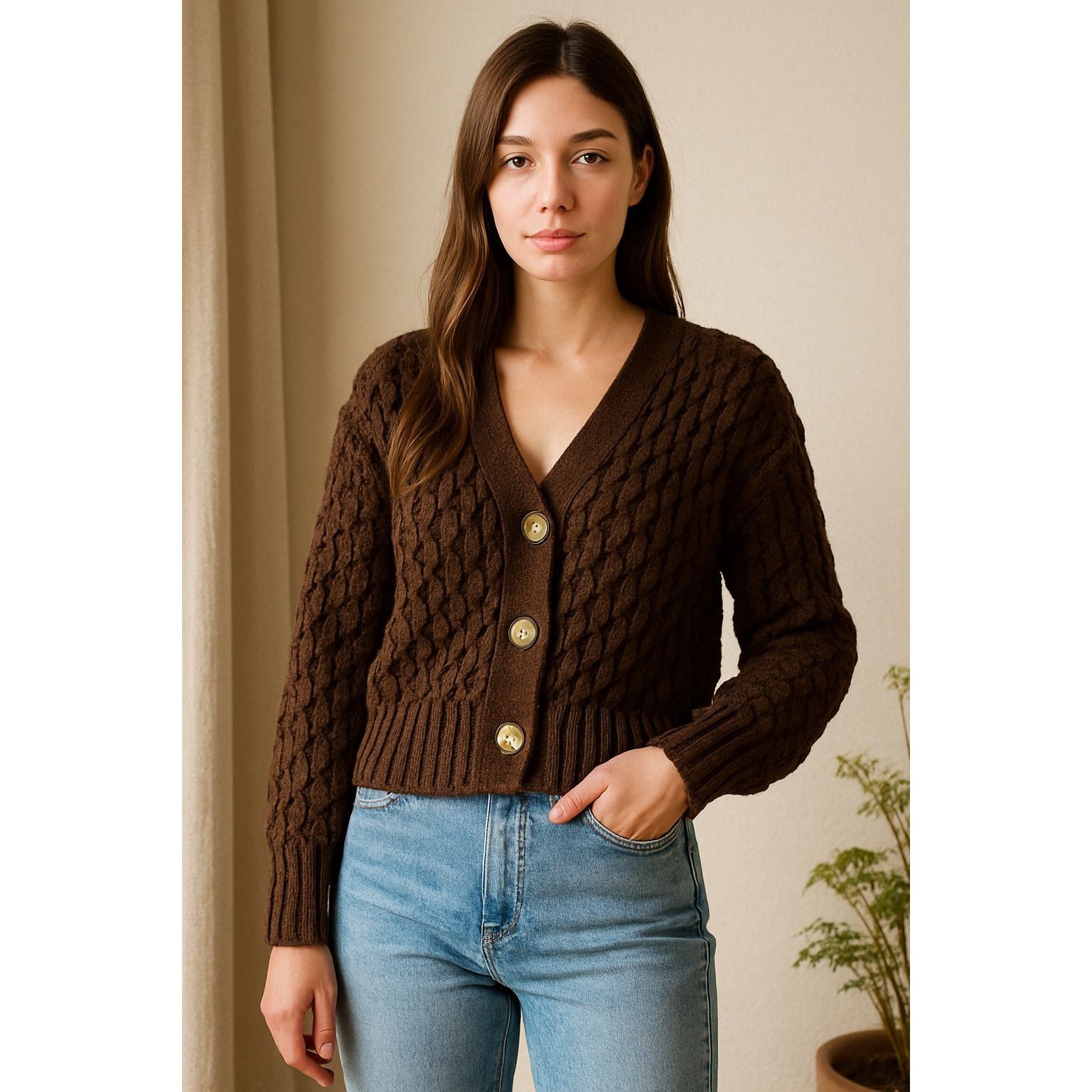 Kendall And Kylie Chunky Knit Brown Button-Up Cardigan Sweater Kendall + Kylie Size S / US 4 / IT 40 - 1 Thumbnail