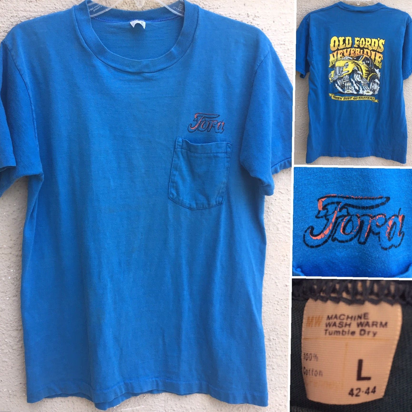 JCPenney Vintage Ford Pocket Tee Old Fords Never Die They Just Get Faster Iron On T-Shirt Shirt Men L Blue 1970s Graphic JC Penney Vintage Ford Pocket Tee Size US L / EU 52-54 / 3 - 2 Thumbnail