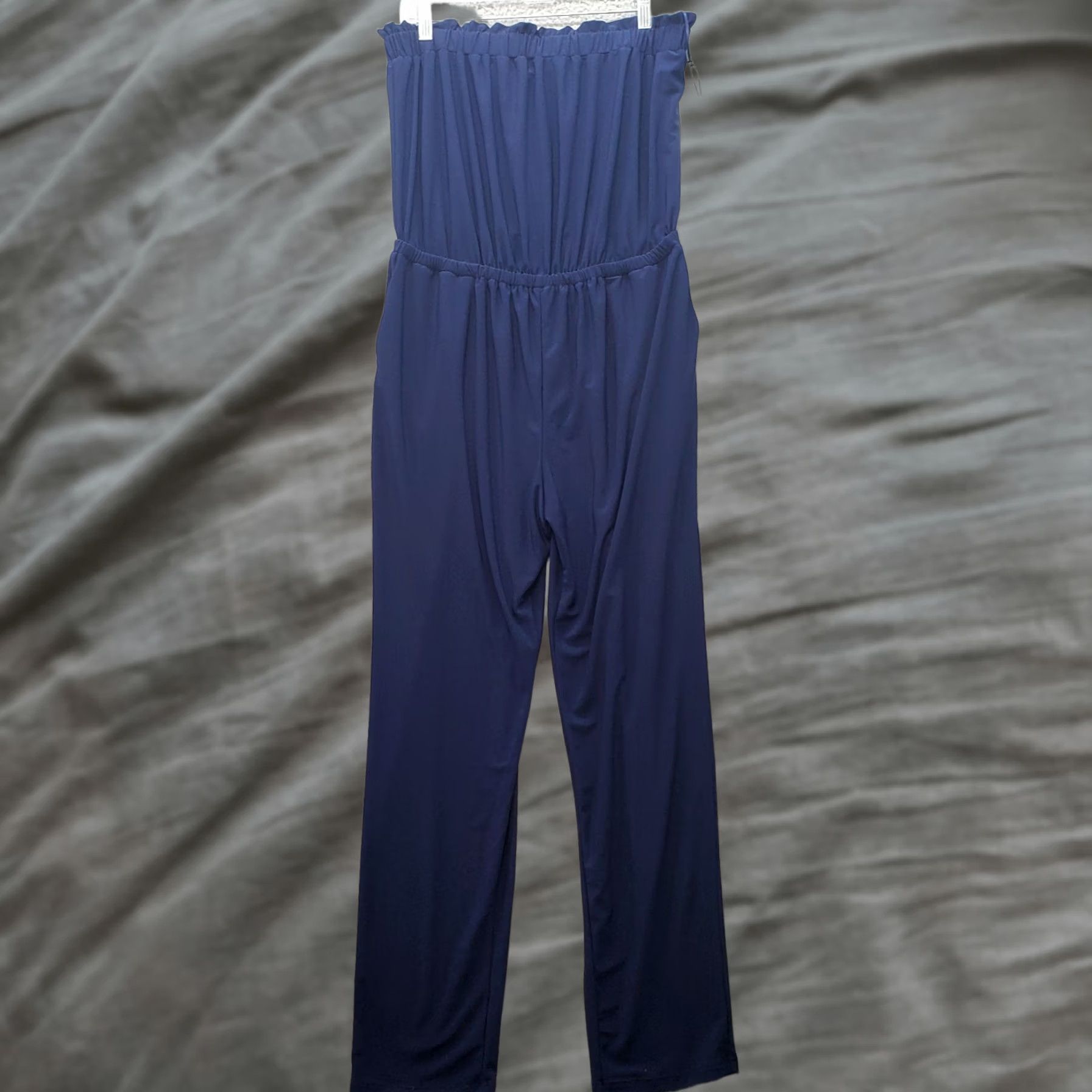 Vintage 1.STATE Jumpsuit Women M Navy Off The Shoulder On Seam Pockets Stretch Waist Dress? Size 32" / US 10 / IT 46 - 1 Thumbnail