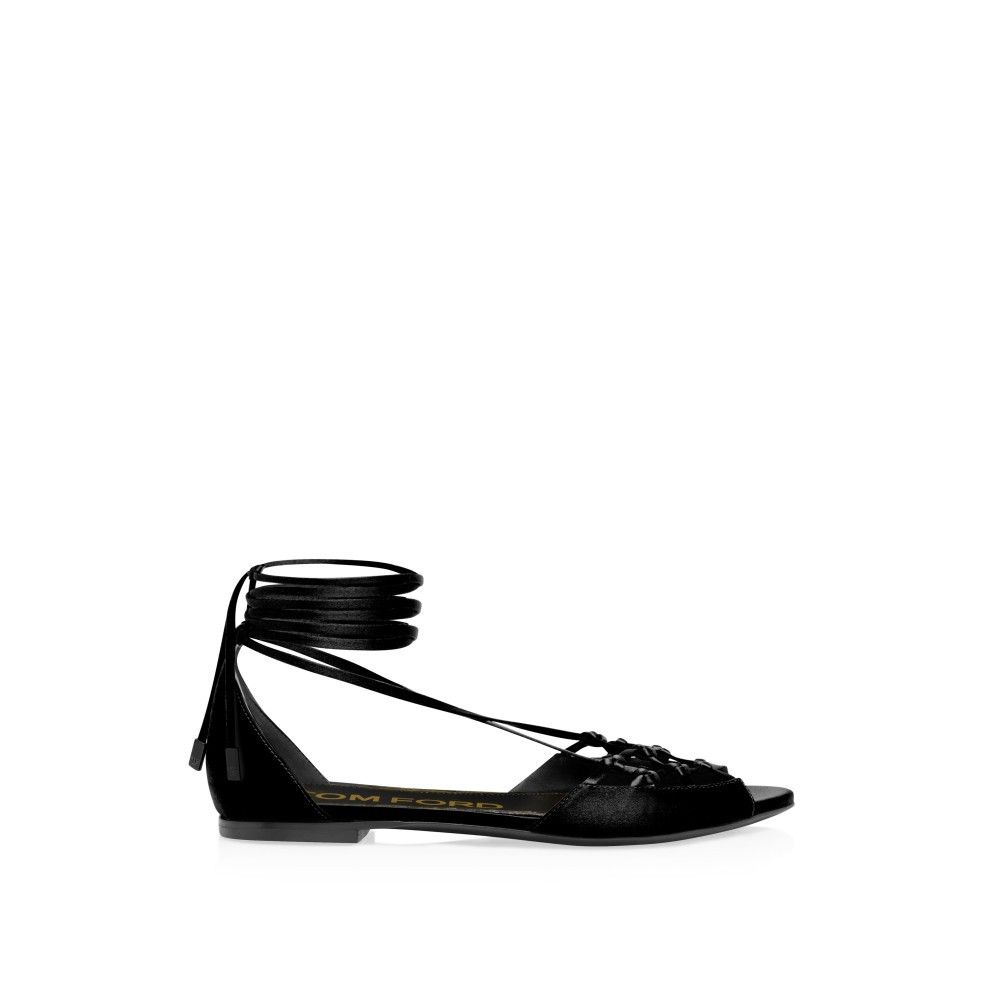 o1loc1c0924 W3205 Satin Ankle Wrap Sandals in Black