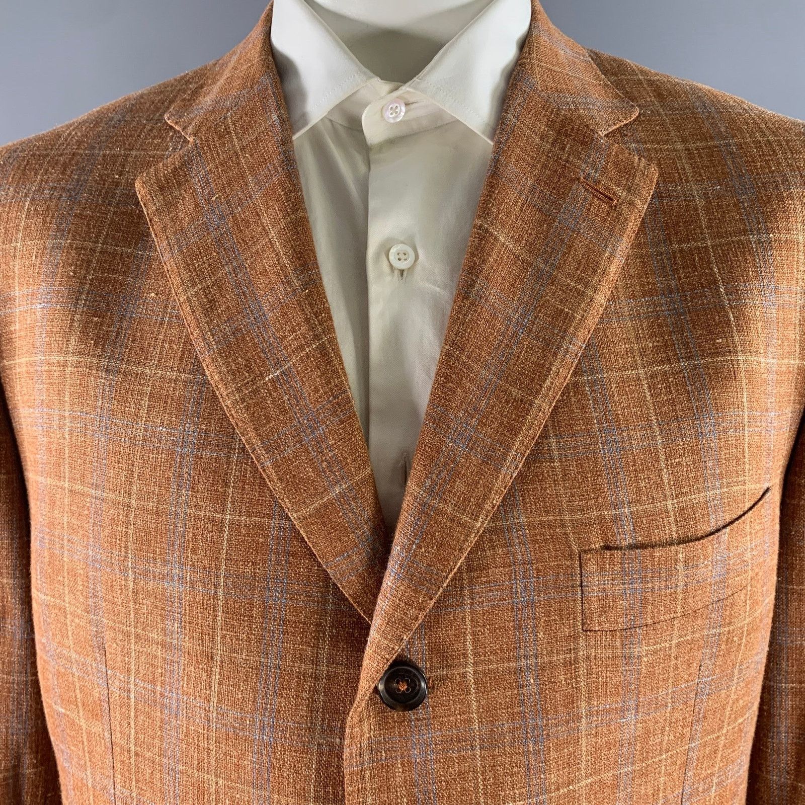 Isaia ISAIA Size 46 Orange Plaid Wool Blend Notch Lapel Sport Coat Size 46R - 2 Thumbnail