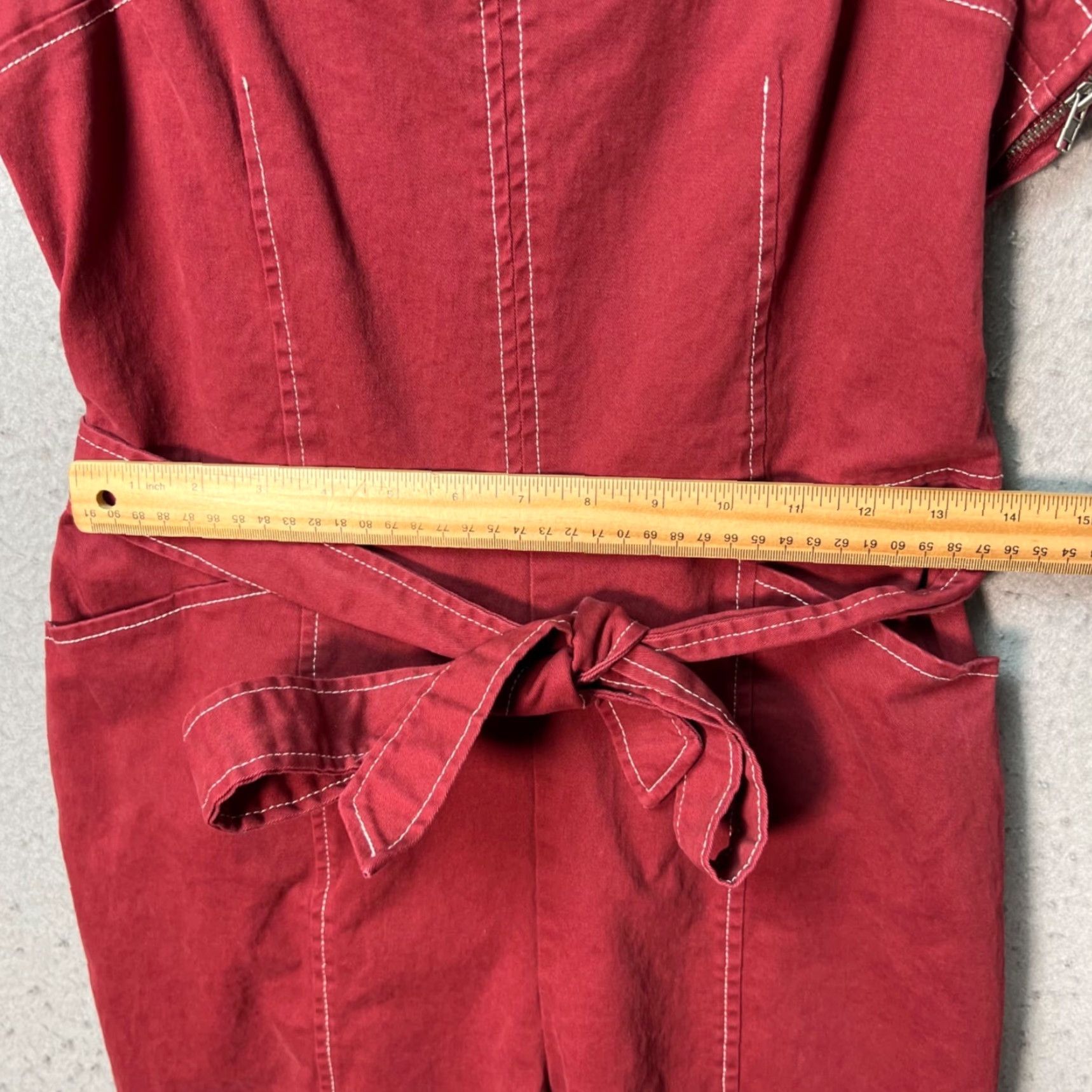 Vintage ModCloth Womens Medium Red Cotton Twill Wide-Leg Jumpsuit Tie Waist Sleeveless Size 32" / US 10 / IT 46 - 7 Thumbnail