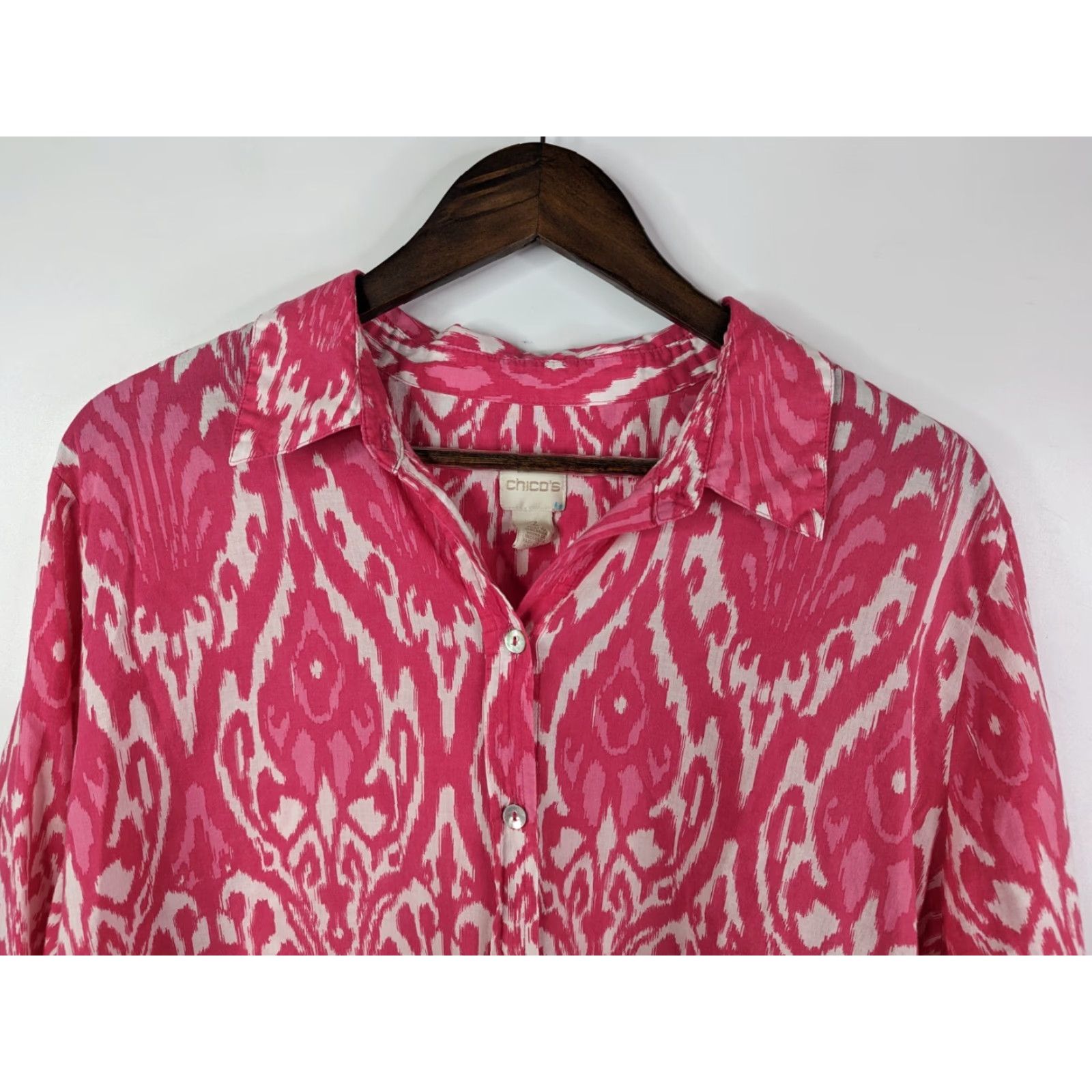 Vintage Chicos Shirt Womens Button-Up Damask Ikat Cotton Pink XL 3 US Sheer Sleeve Long Collared Size XL / US 12-14 / IT 48-50 - 2 Thumbnail