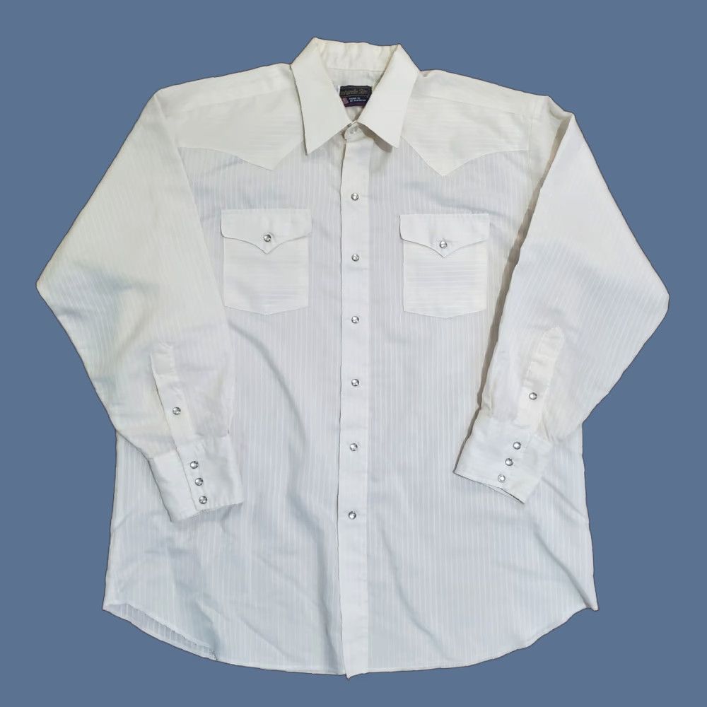 Vintage VINTAGE Panhandle Slim Shirt Western Striped 17.5 34 Pearl Snap Made USA Cowboys Beige White Cotton Twill Button-Up Casual Mens Size US XXL / EU 58 / 5 - 1 Thumbnail