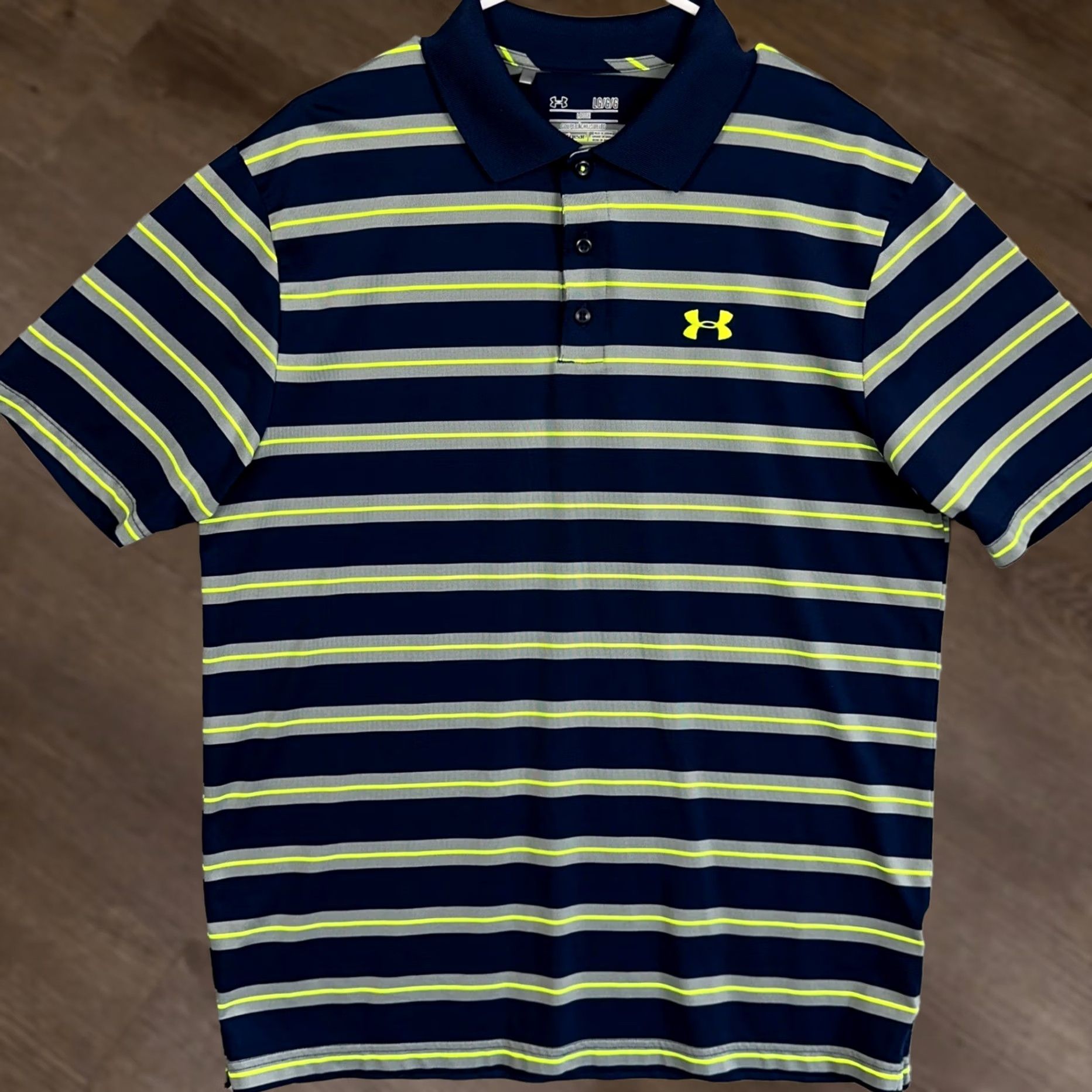 Under Armour Under Armour Polo Shirt Mens Large Blue Neon Green HeatGear Striped Golf Polo Shirt Mens Large Blue/Green HeatGear Size US L / EU 52-54 / 3 - 1 Thumbnail