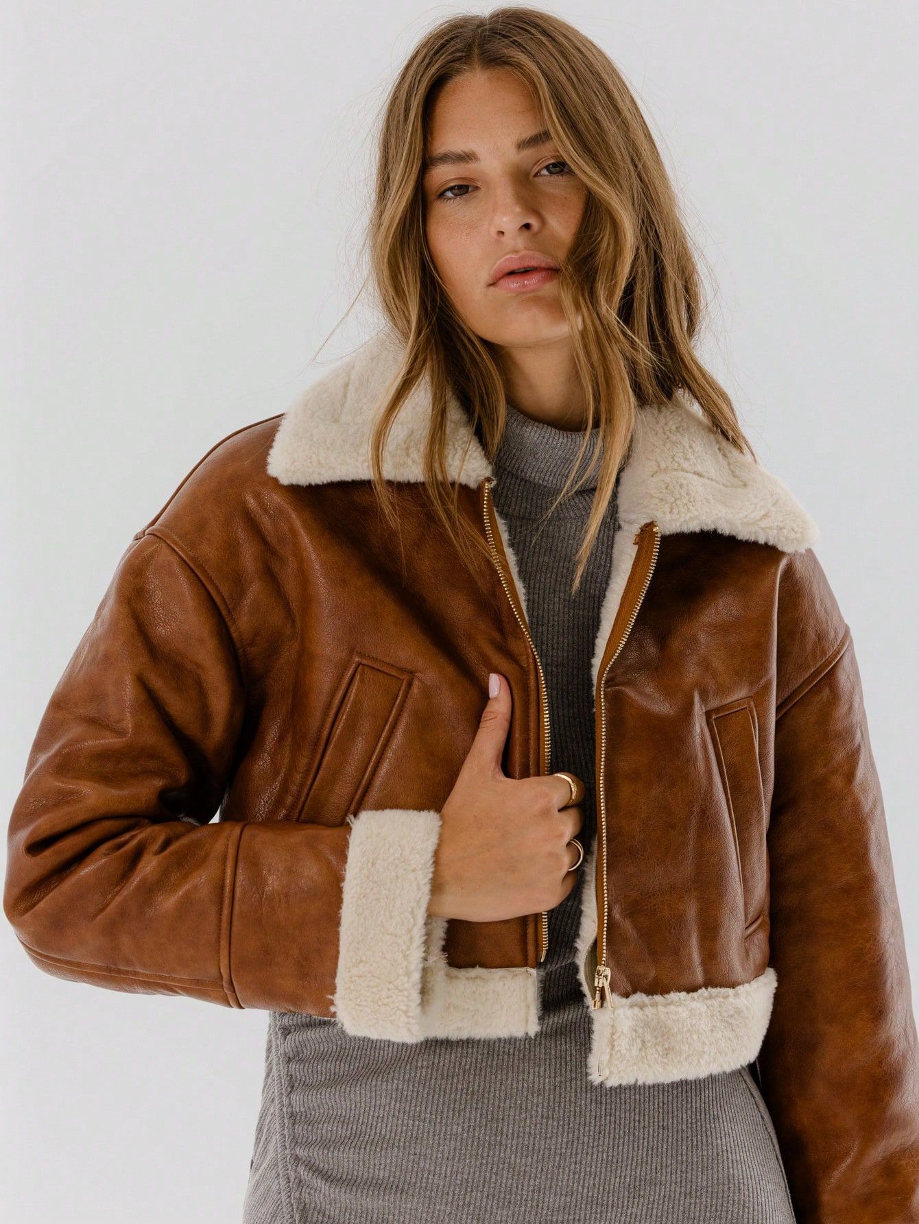 Other Womens Brown Real Leather Aviator Jacket, Shearling Trim Size S / US 4 / IT 40 - 3 Thumbnail