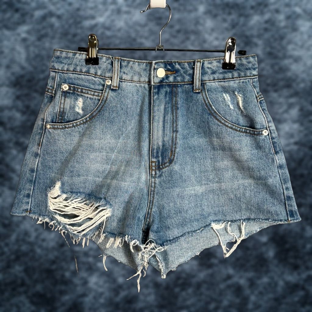 PRINCESS POLLY Princess Polly Womens Denim Shorts 100% Cotton Distressed Blue 2.5in Inseam Flat Front 5-Pocket Design High Rise Size 6 Summer Spring Womens Size 28" / US 6 / IT 42 - 1 Thumbnail