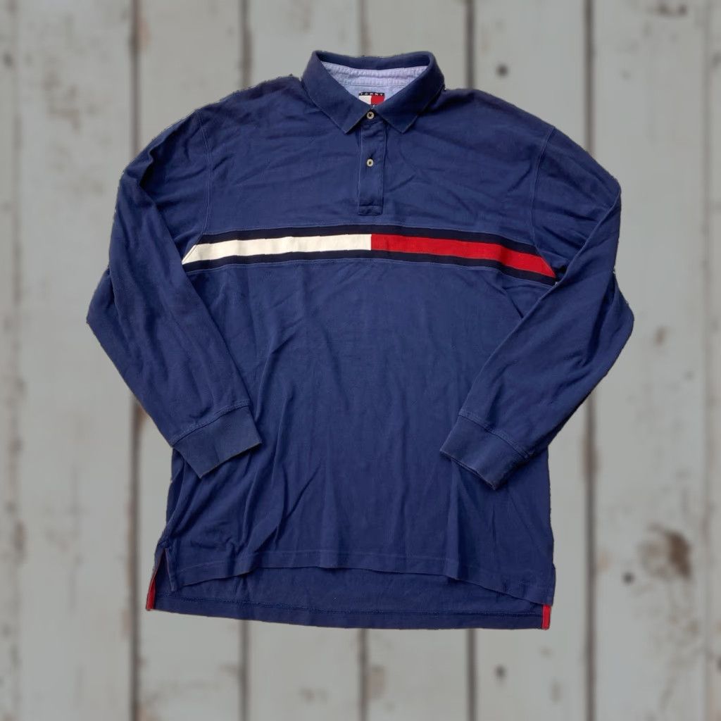 Tommy Hilfiger VINTAGE Tommy Hilfiger Polo Shirt Long Sleeve Men XL Blue Flag Rugby Preppy Shirt Size US XL / EU 56 / 4 - 1 Thumbnail