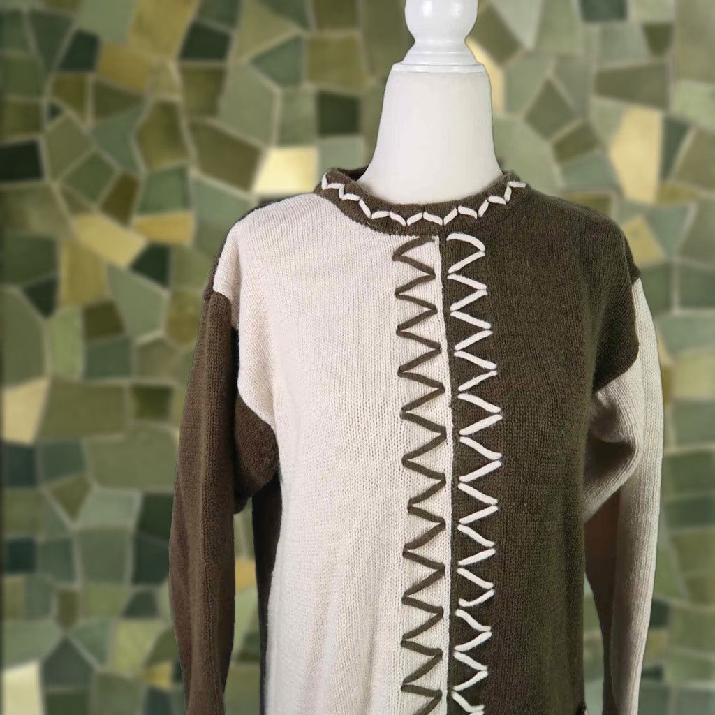 Olive VINTAGE Hunt Club Olive Green Cream Two Tone Knit Sweater S Women Crew Neck Pullover Long Sleeve Cotton Blend 90s Casual 90s Womens Size S / US 4 / IT 40 - 1 Thumbnail