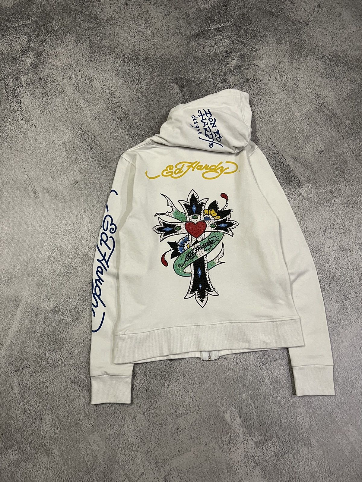 Christian Audigier × Ed Hardy × Vintage Vintage Y2k Ed Hardy 🤍 Cross Tattoo ❤️ Zip Hoodie 00’s Size S / US 4 / IT 40 - 8 Thumbnail