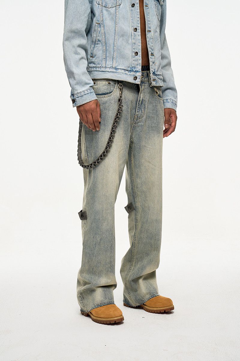 Leather × Vintage Raw Hem Rustic Burr Jeans Removable Leather Strap Size US 33 - 1 Thumbnail