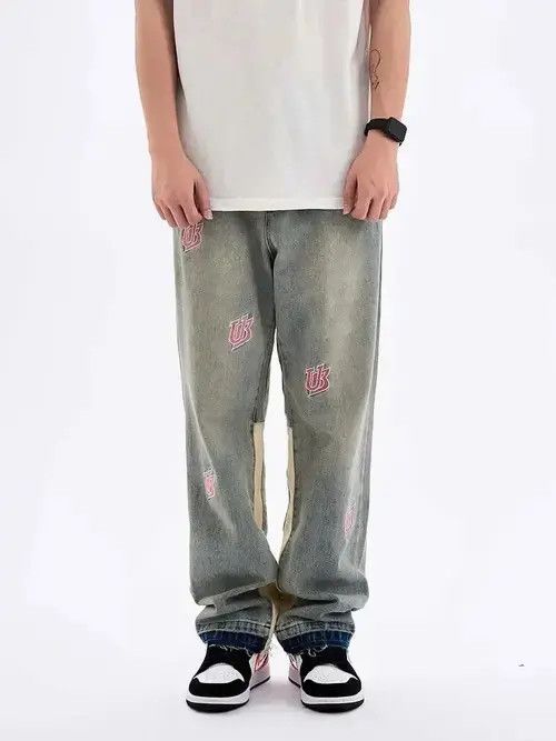 Japanese Brand Washed distressed embroidered lettering jeans Size US 34 / EU 50 - 3 Thumbnail