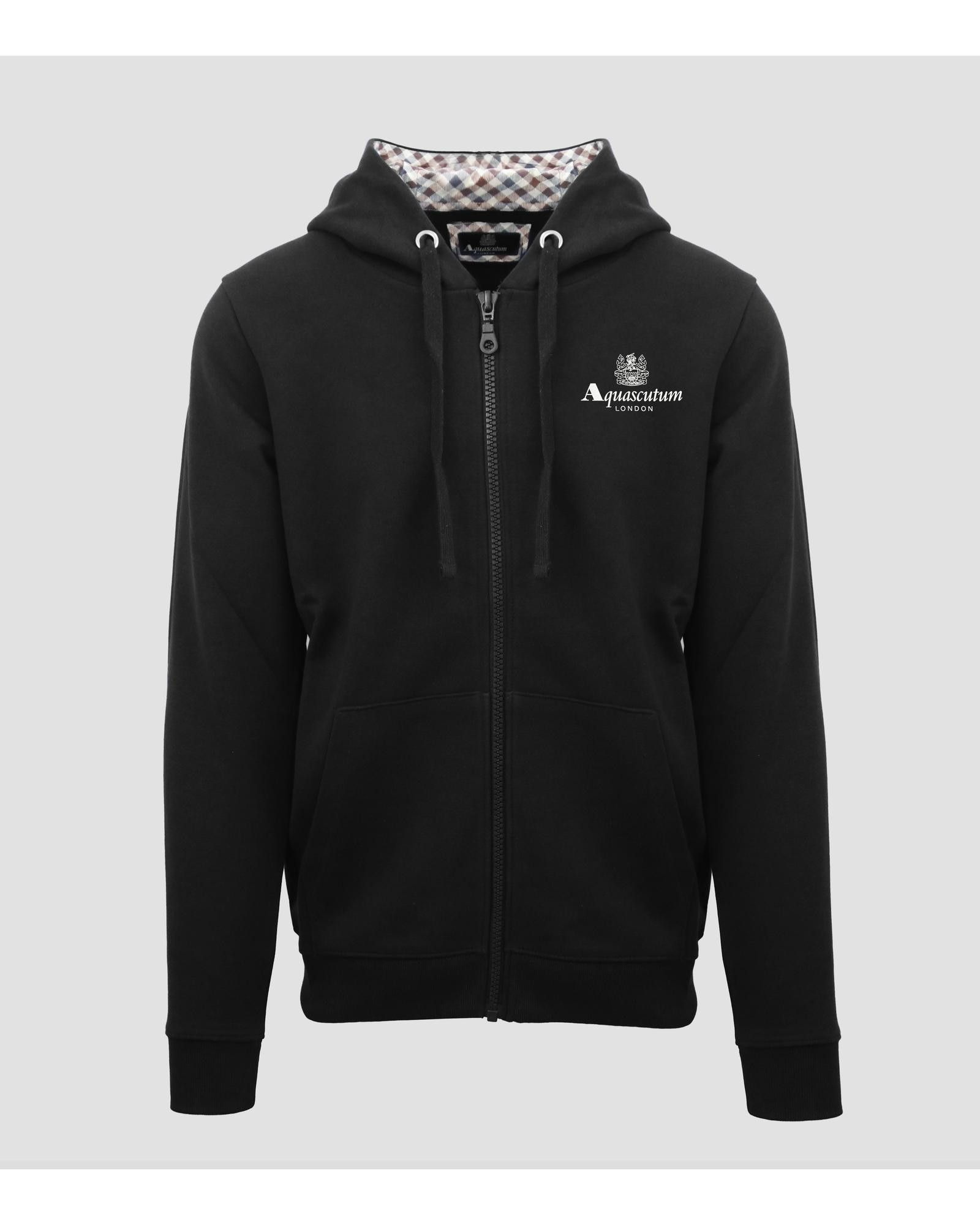 Image of Aquascutum Solid Cotton Zip Sweatshirt With Fixed Hood in Black, Men's (Size 2XL)