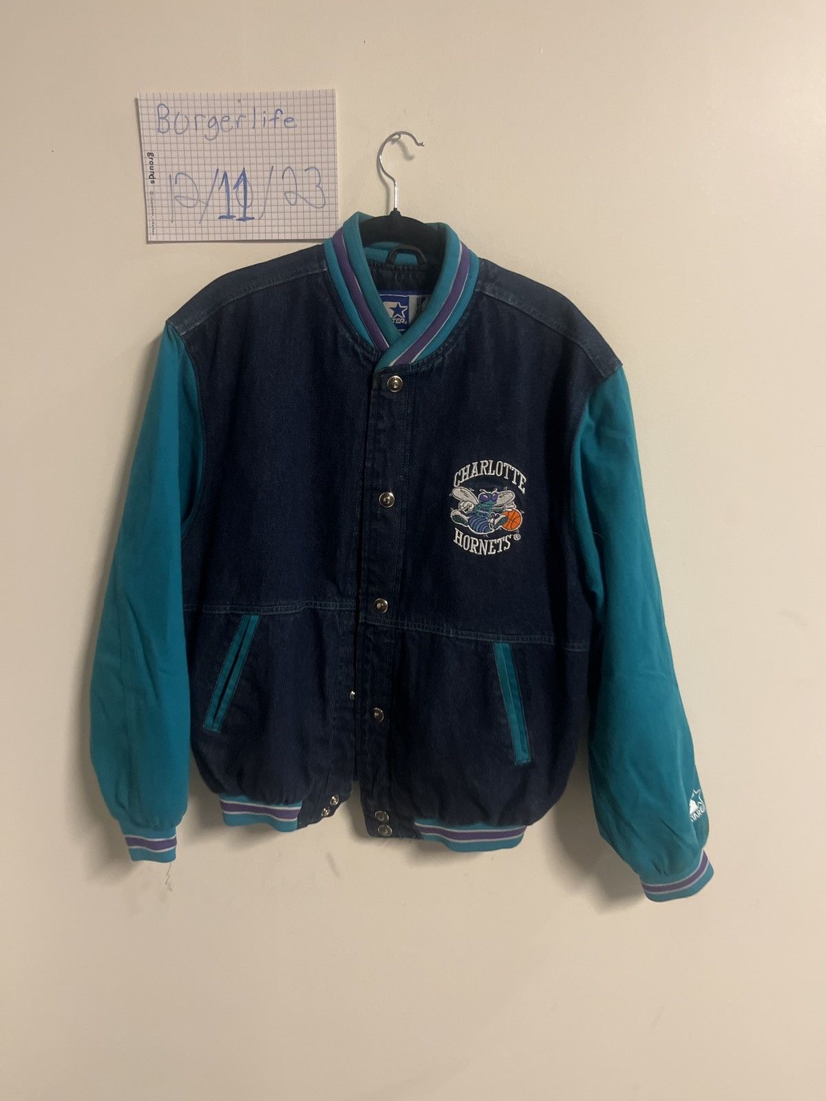 Image of NBA x Starter Vintage Charlotte Hornets Starter Jacket in Dark Denim, Men's (Size Small)