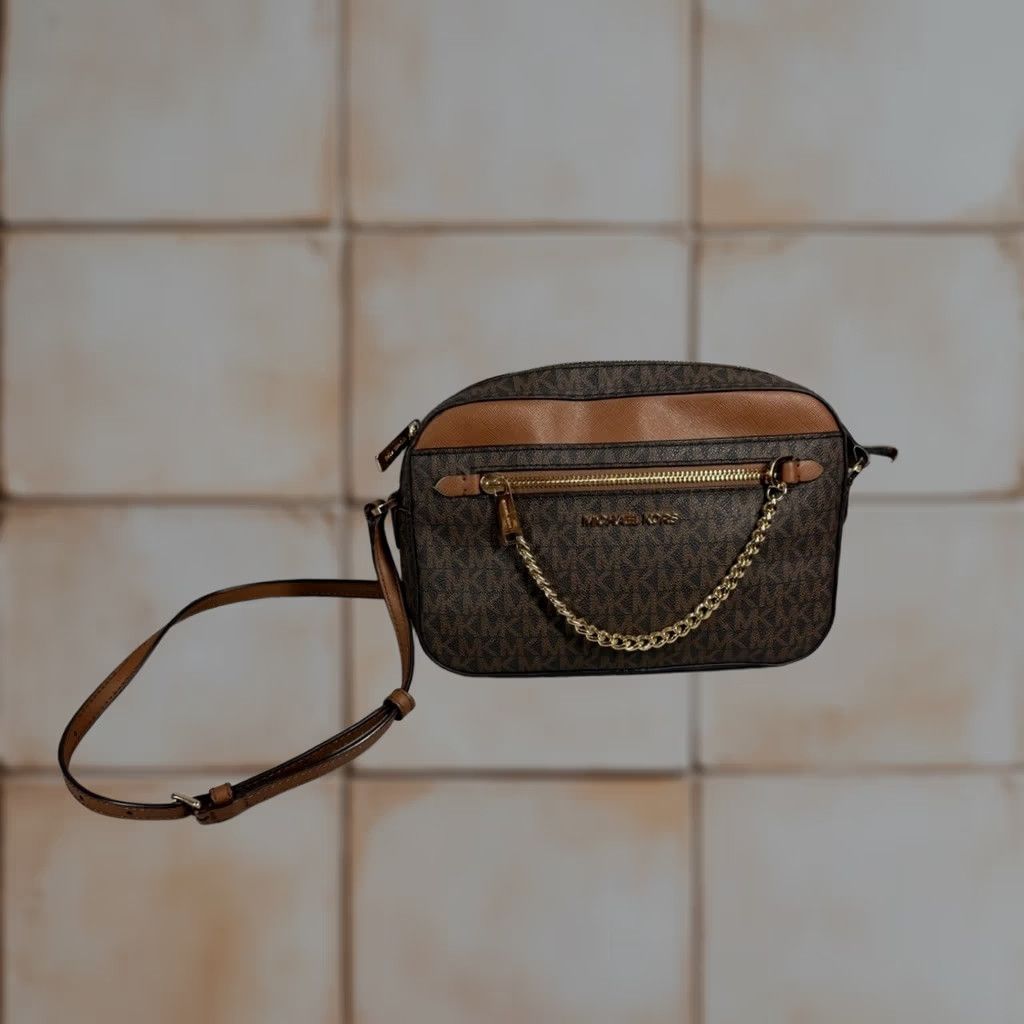 Michael Kors Michael Kors Jet Set Large East West Crossbody Bag Brown Logo Canvas Leather Acorn Strap Chain Flaw Size ONE SIZE - 1 Thumbnail