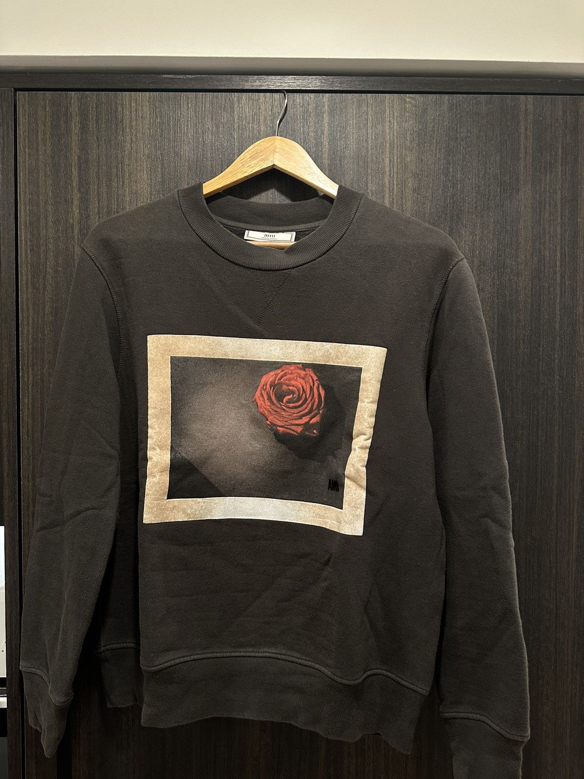 image of Ami Grey Sweater With Rose Print, Men's (Size Medium)