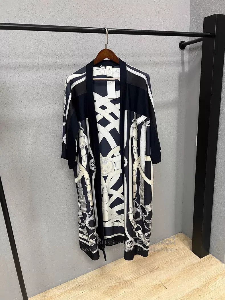 Hermes Black and White Silk Open Cardigan