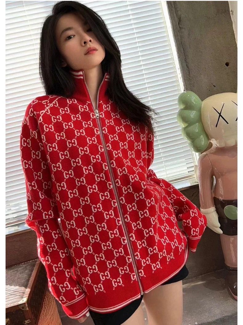 Gucci Gucci Red double G full print knitted cashmere zipper cardi Size US XS / EU 42 / 0 - 5 Thumbnail