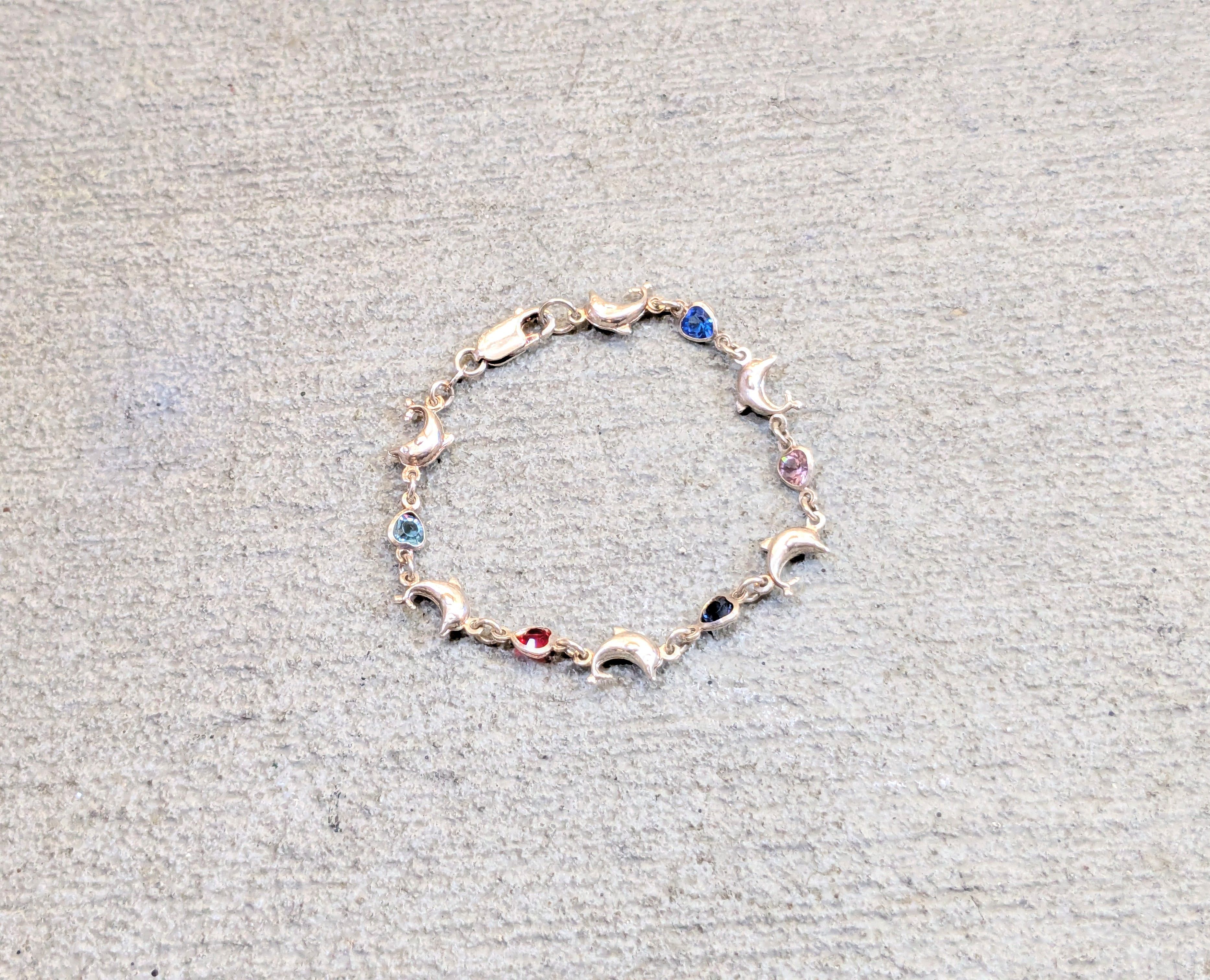 Jewelry Vintage Sterling Silver Bracelet 7.25" Heart Dolphin Rainbow Size ONE SIZE - 1 Thumbnail