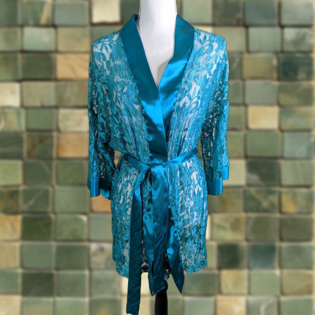 Vintage VINTAGE 80s Teal Satin Lace Mini Lingerie Robe One Size 31" D1S Girls Size ONE SIZE - 1 Thumbnail