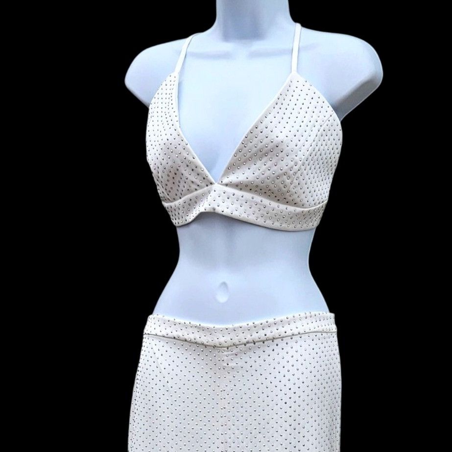 Other Nadine Merabi White Rhinestone Kira Two-Piece Set Top L Pant Size 36" / US 14 / IT 50 - 5 Thumbnail