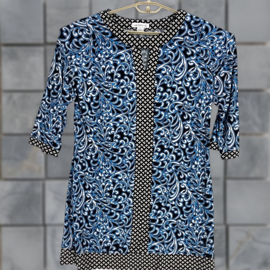 Liz Claiborne Liz Claiborne Dress L Blue Black Long Sleeve Bohemian Paisley Knee Length Shift Pullover Casual Women Size L / US 10 / IT 46 - 1 Thumbnail