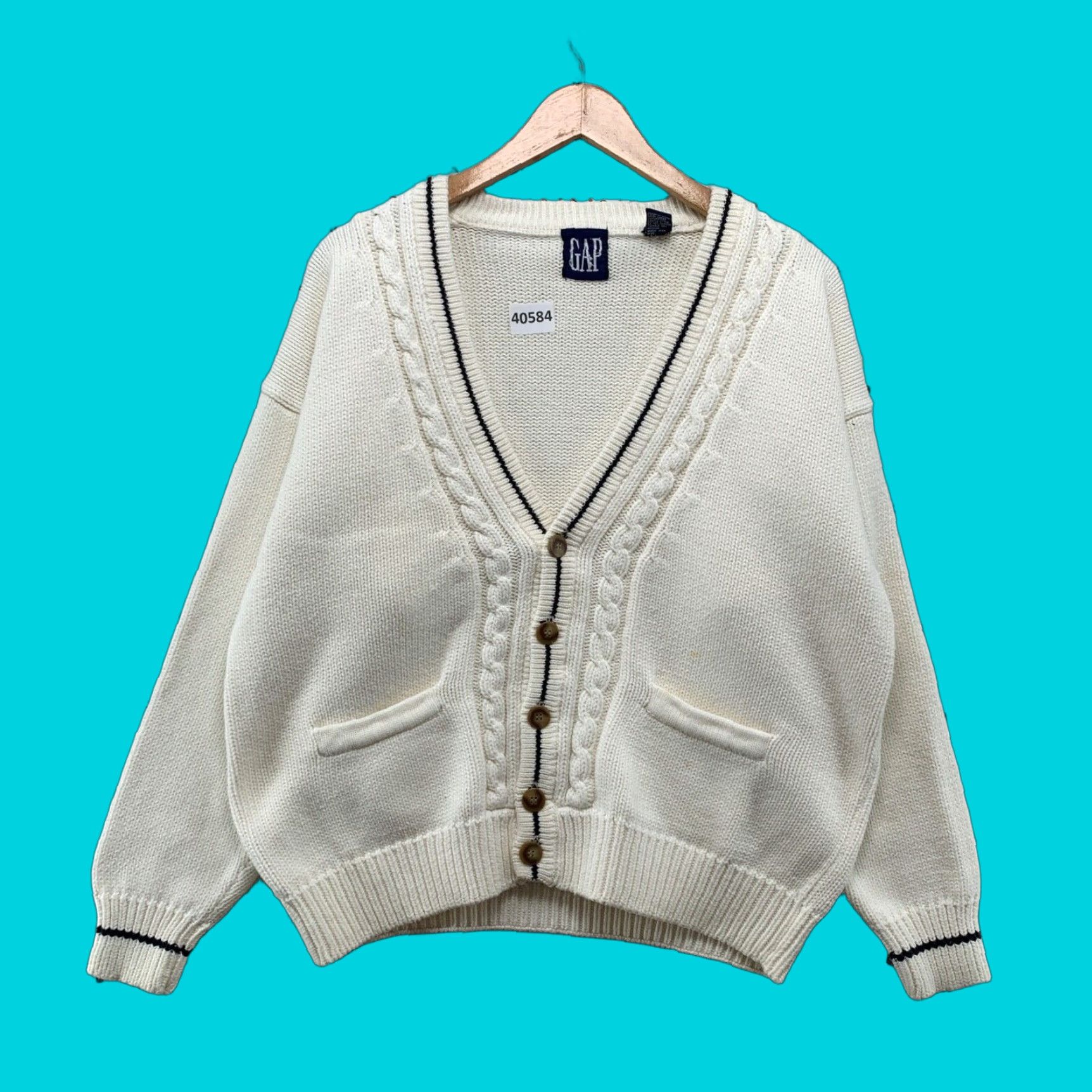 VINTAGE 90s Gap Cable-Knit Cardigan Sweater Mens Large White Heavyweight V-Neck Button