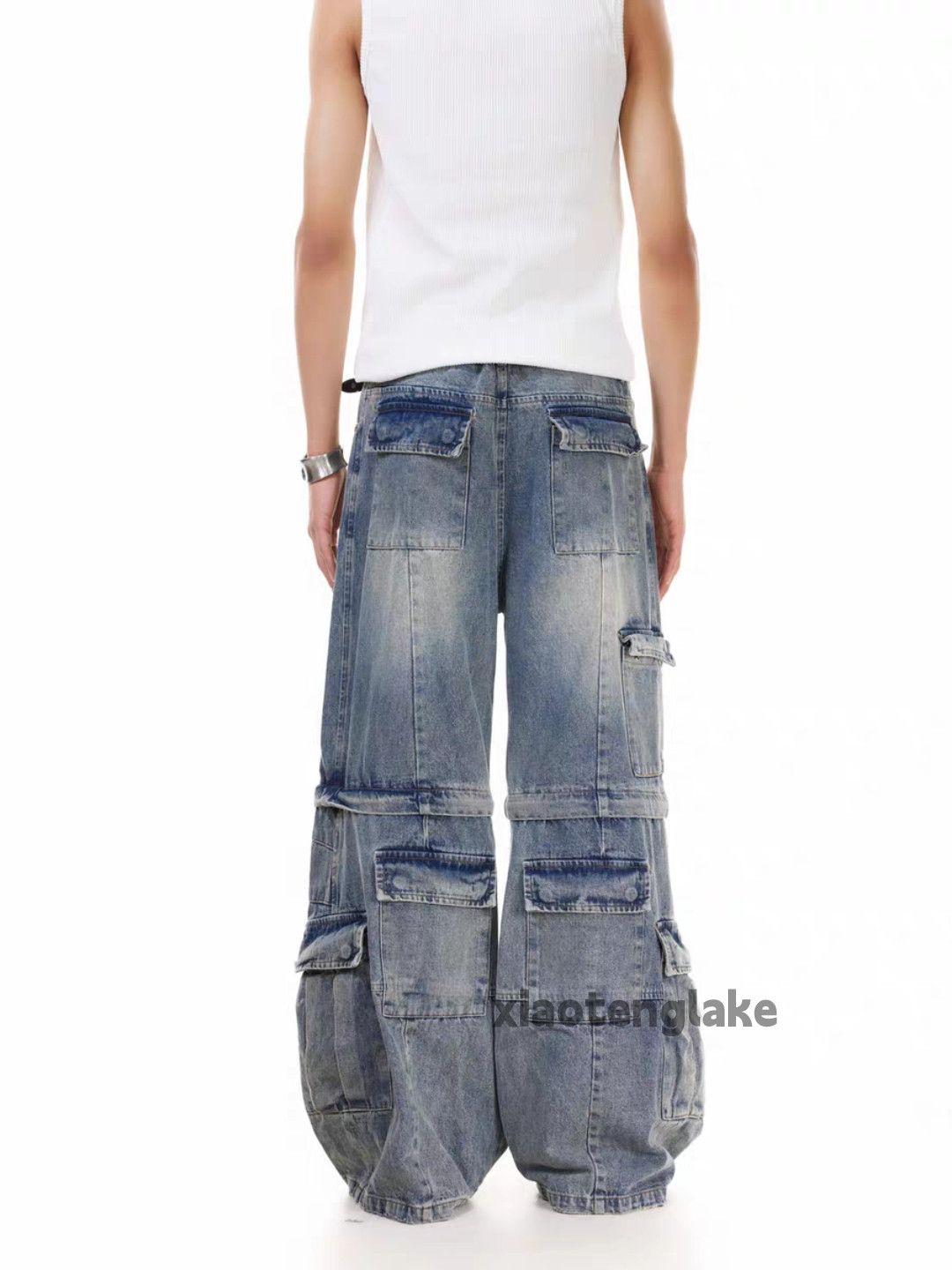 Jean Unisex washed Faded loose baggy skate hiphop cargo jeans Size US 30 / EU 46 - 5 Thumbnail