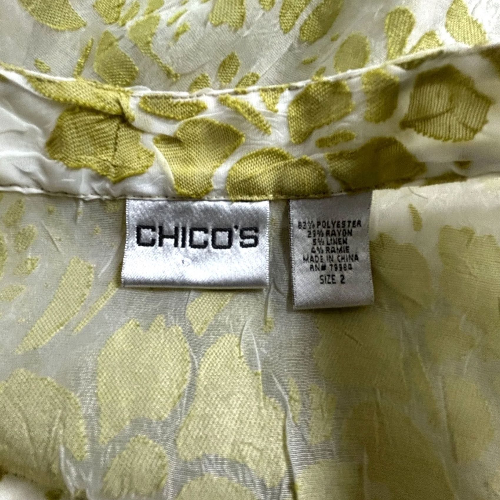 Vintage Chico's Sheer Floral Button-Front Blouse Mandarin Collar Sz 2 Green Linen Blend Size XS / US 0-2 / IT 36-38 - 3 Thumbnail