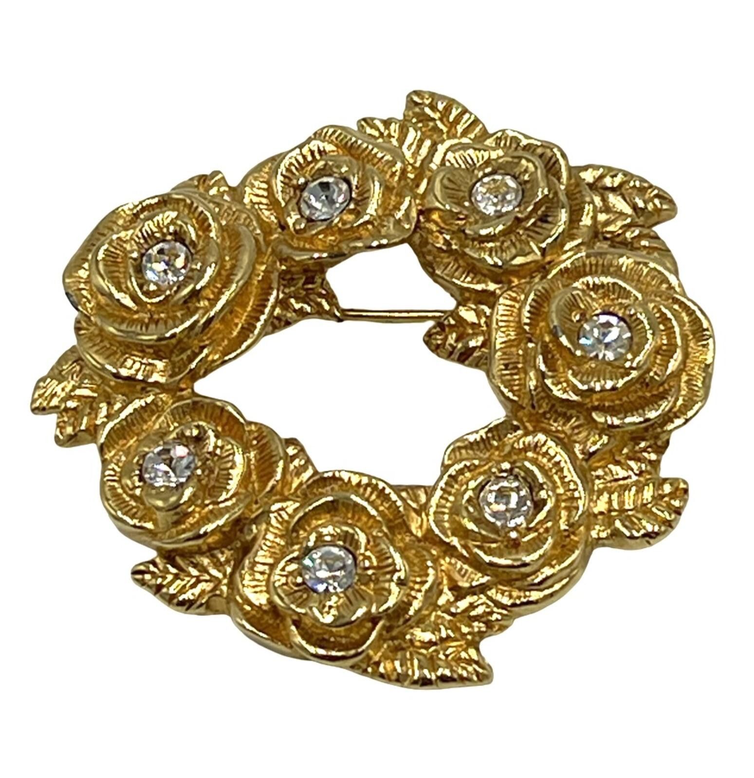 Monet Monet Goldtone and White Rhinestone Wreath of Roses Brooch Size ONE SIZE - 1 Thumbnail