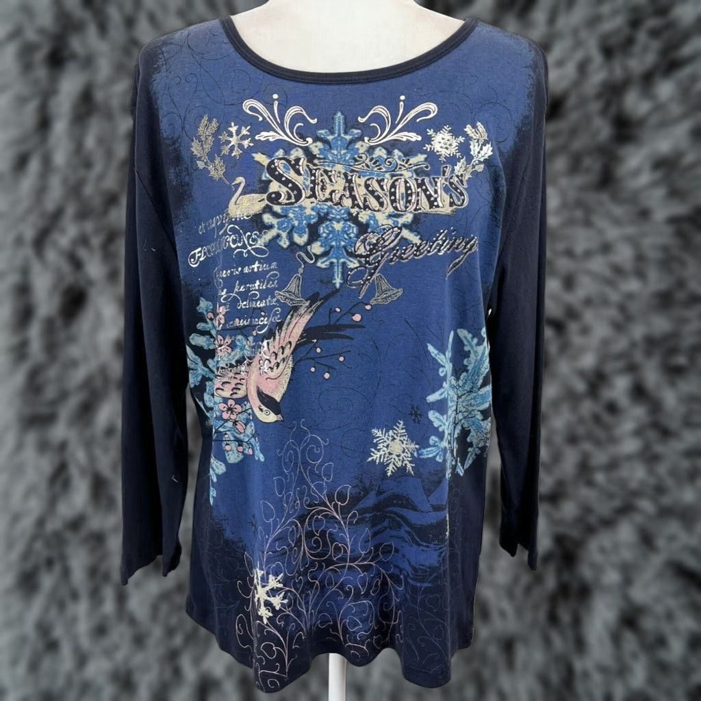 Vintage VINTAGE Merry & Bright Christmas Long Sleeve Shirt Women's XL Blue Size XL / US 12-14 / IT 48-50 - 1 Thumbnail