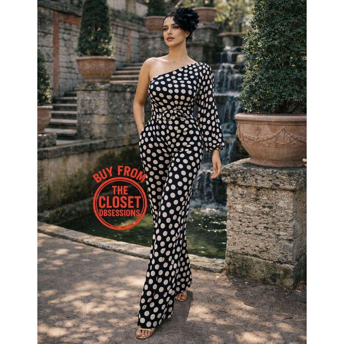 Mango Mango Polka Dot One Shoulder Jumpsuit Straight Leg NWT Size 30" / US 8 / IT 44 - 4 Thumbnail