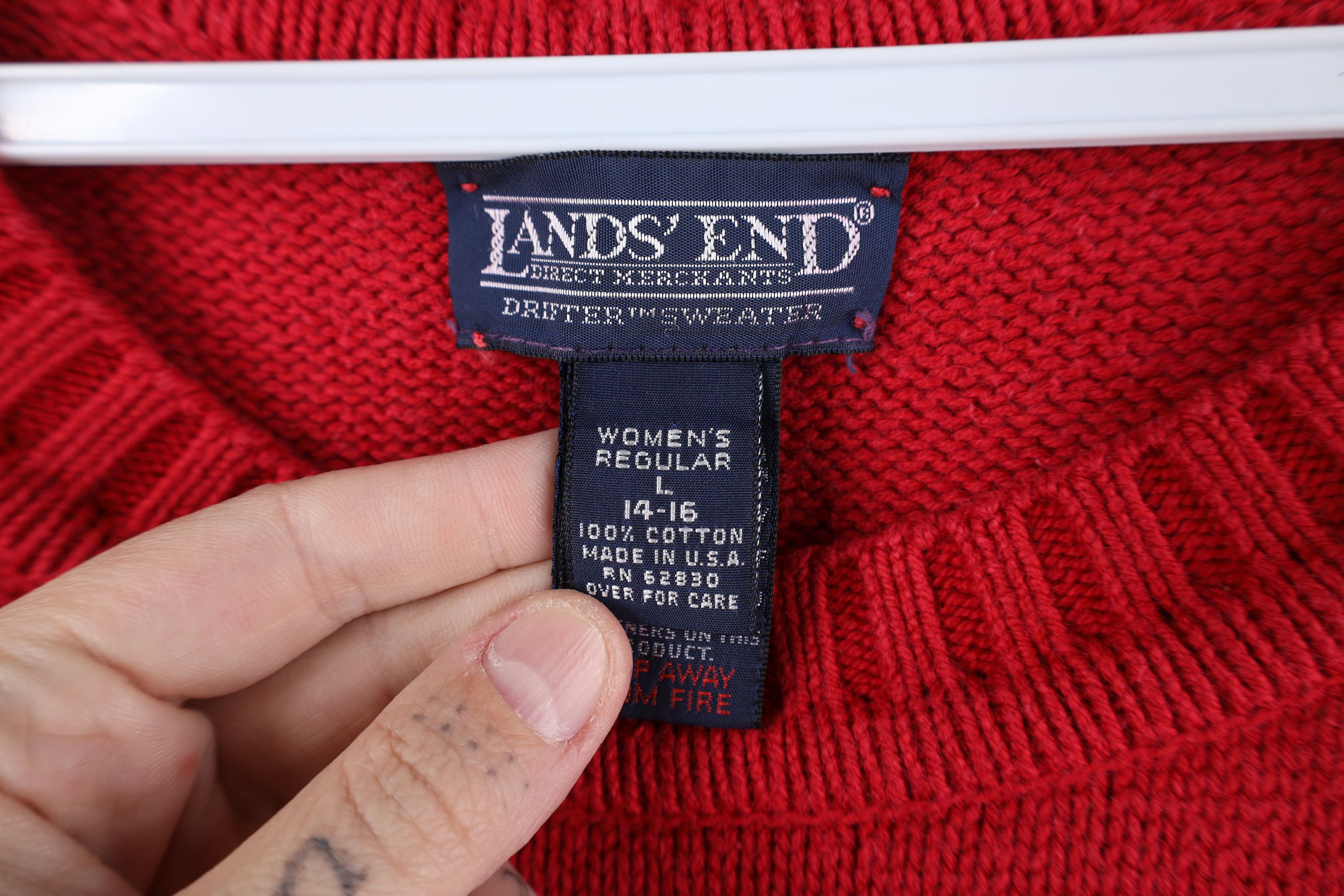 Lands' End × Vintage Vintage 90s Lands End Blank Cotton Knit Sweater Red USA Size L / US 10 / IT 46 - 7 Thumbnail