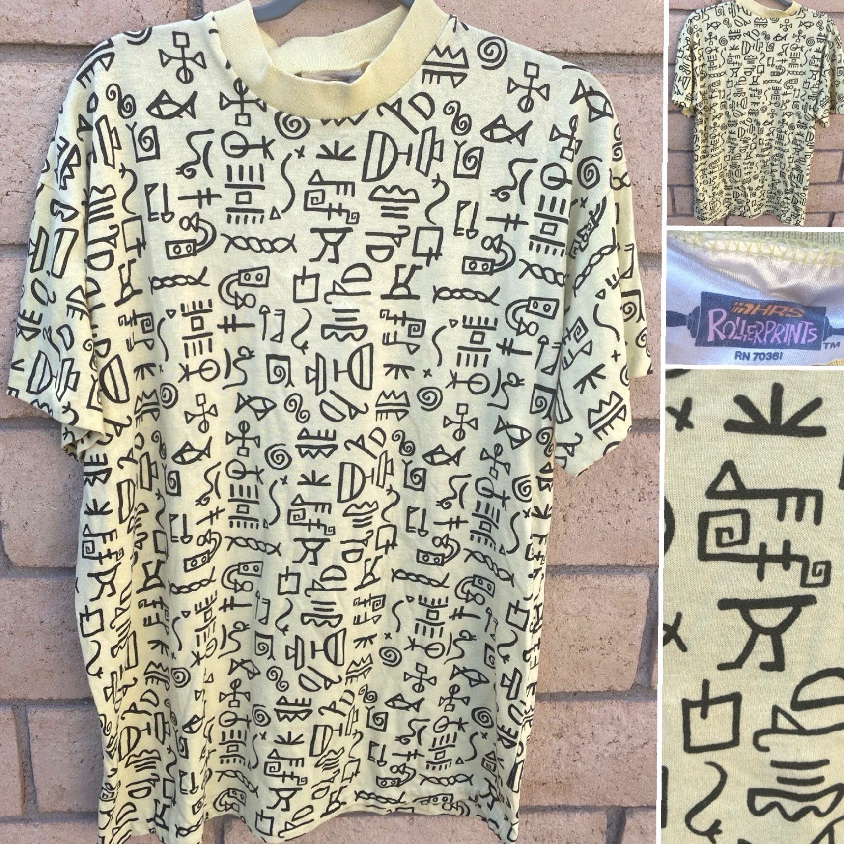 Vintage VINTAGE Geometric Graphic Tee AOP Hieroglyphics T Shirt HRS Rollerprints 80s Mens One Size Yellow Graphic Print 1980s 80s Size US M / EU 48-50 / 2 - 7 Thumbnail