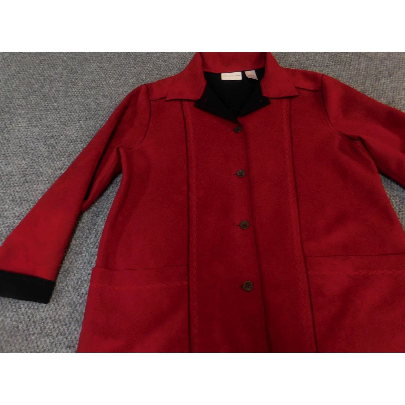 Vintage Alfred Dunner Jacket Red Trench Coat Womens Size 10 Long Sleeve Button Collared Solid Knit Polyester Designer Fall Spring Size L / US 10 / IT 46 - 3 Thumbnail