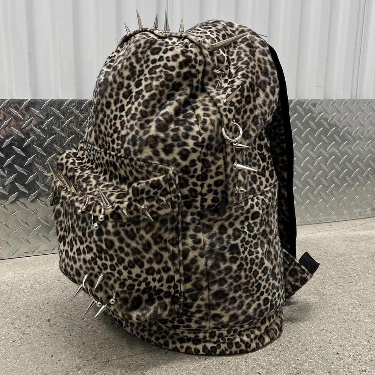 Leopard Print and Silver Pierced Spiked Backpack