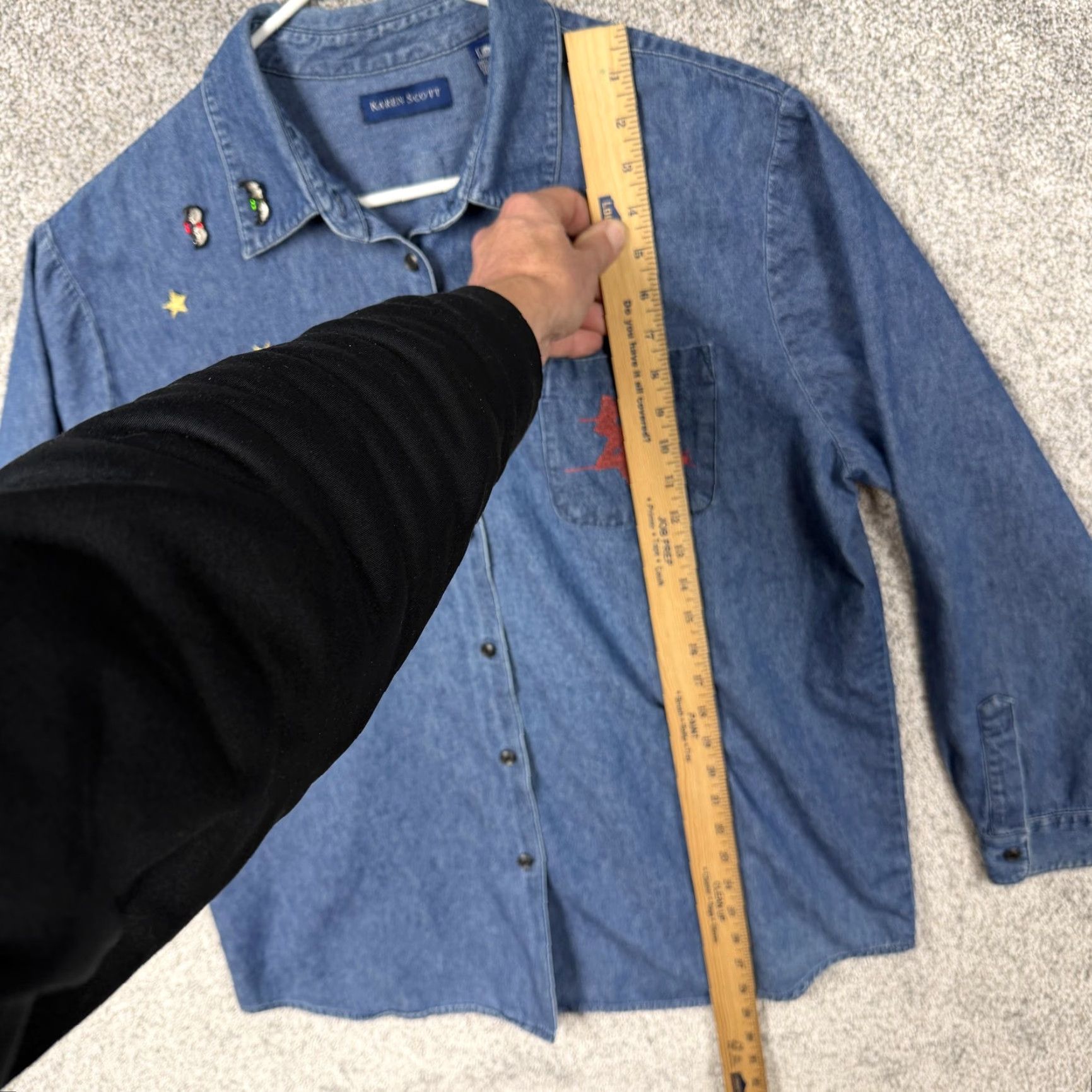 Vintage VTG Karen Scott Button-Up Denim Shirt XL Women Halloween Embroidered Witch Bat Stars 90s Century Winter Size XL / US 12-14 / IT 48-50 - 3 Thumbnail
