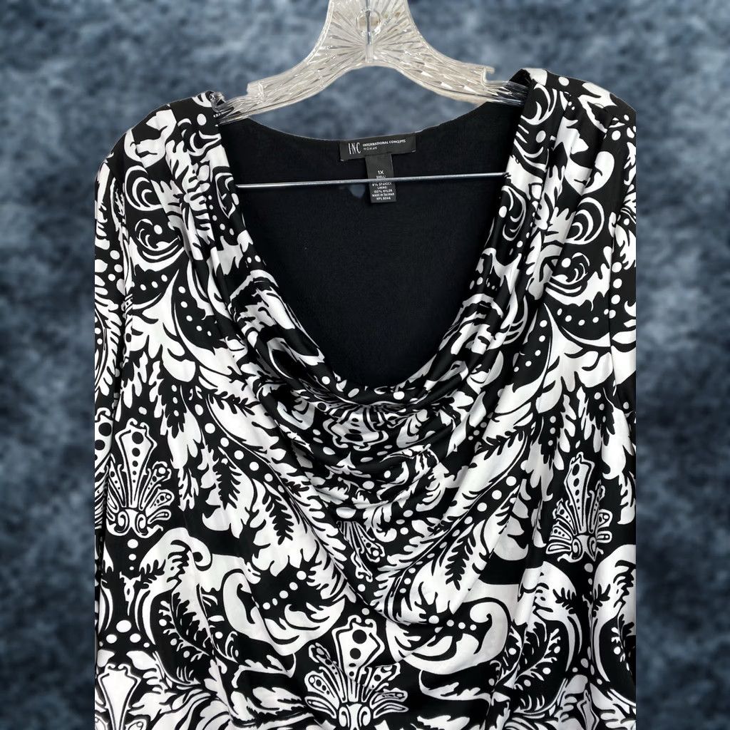 Vintage INC International Concepts Dress 1X Black White Paisley Draped Neck Stretch Jersey Knee Length Womens Plus Size 1X Size XL / US 12-14 / IT 48-50 - 1 Thumbnail