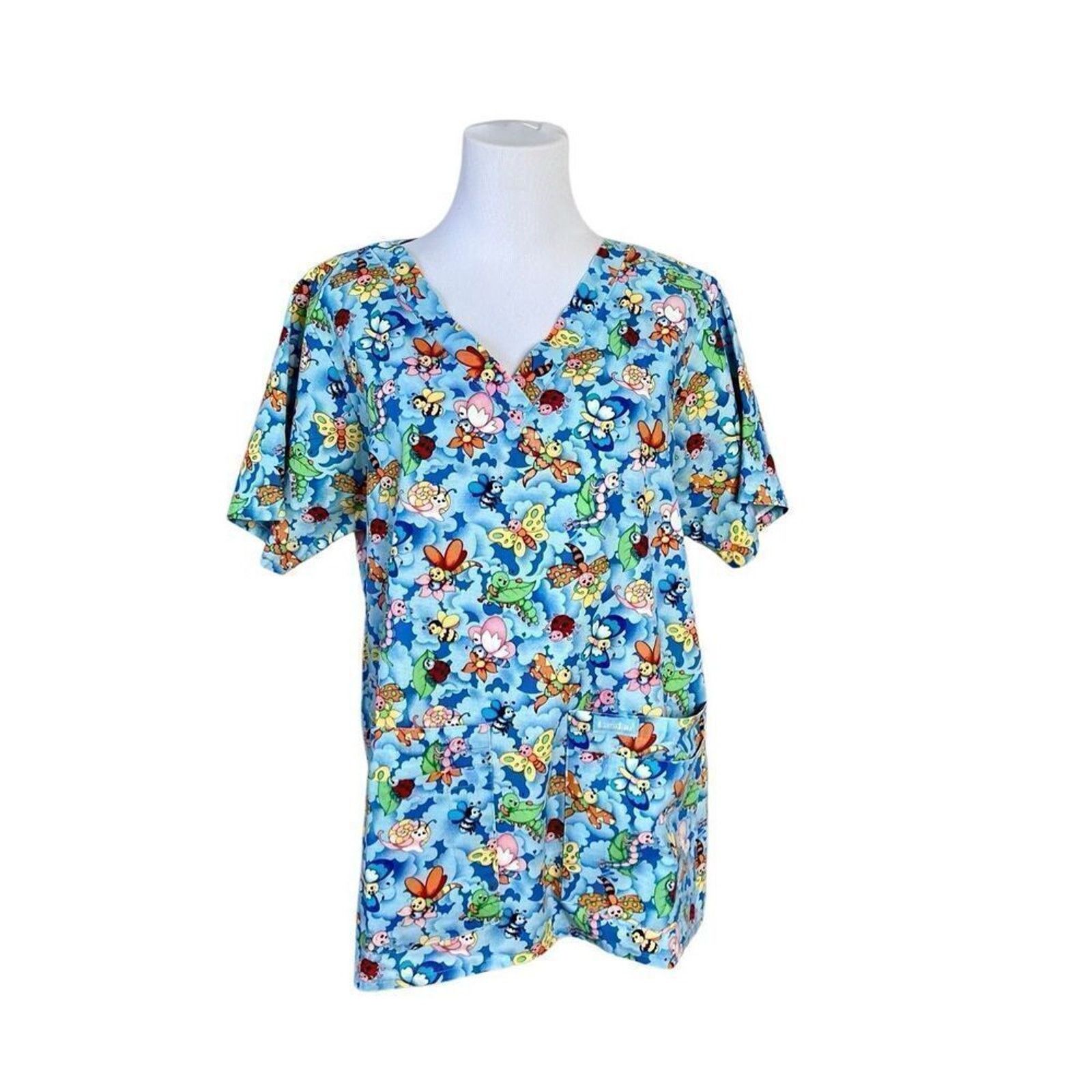 Other Landau Scrub Medical Top MEDIUM Bugs Insects Blue Casual Size M / US 6-8 / IT 42-44 - 1 Thumbnail