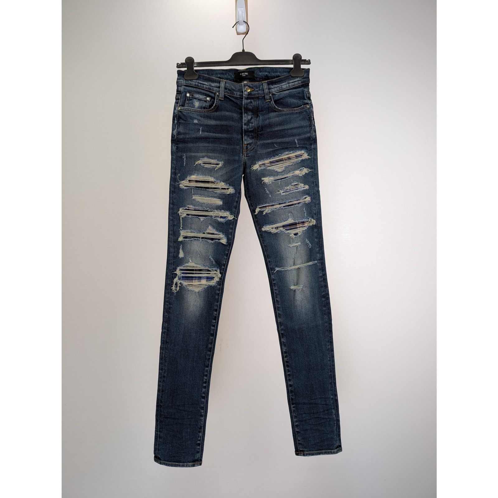 Amiri o1rshd1 Plaid Thrasher Denim Jeans in Deep Classic Blue Size US 36 / EU 52 - 1 Thumbnail