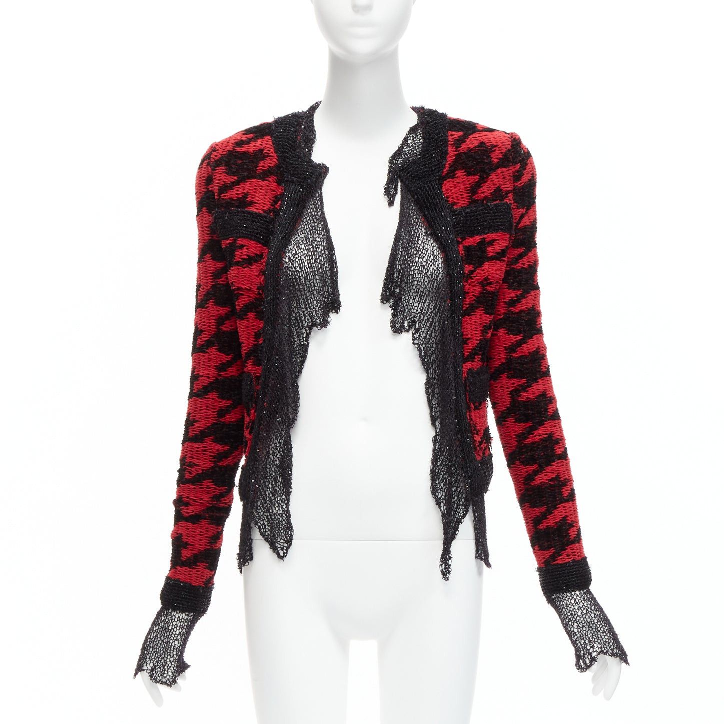 Balmain BALMAIN 2022 red black houndstooth destroyed pointelle knit mesh jacket FR34 XS Size XS / US 0-2 / IT 36-38 - 1 Thumbnail