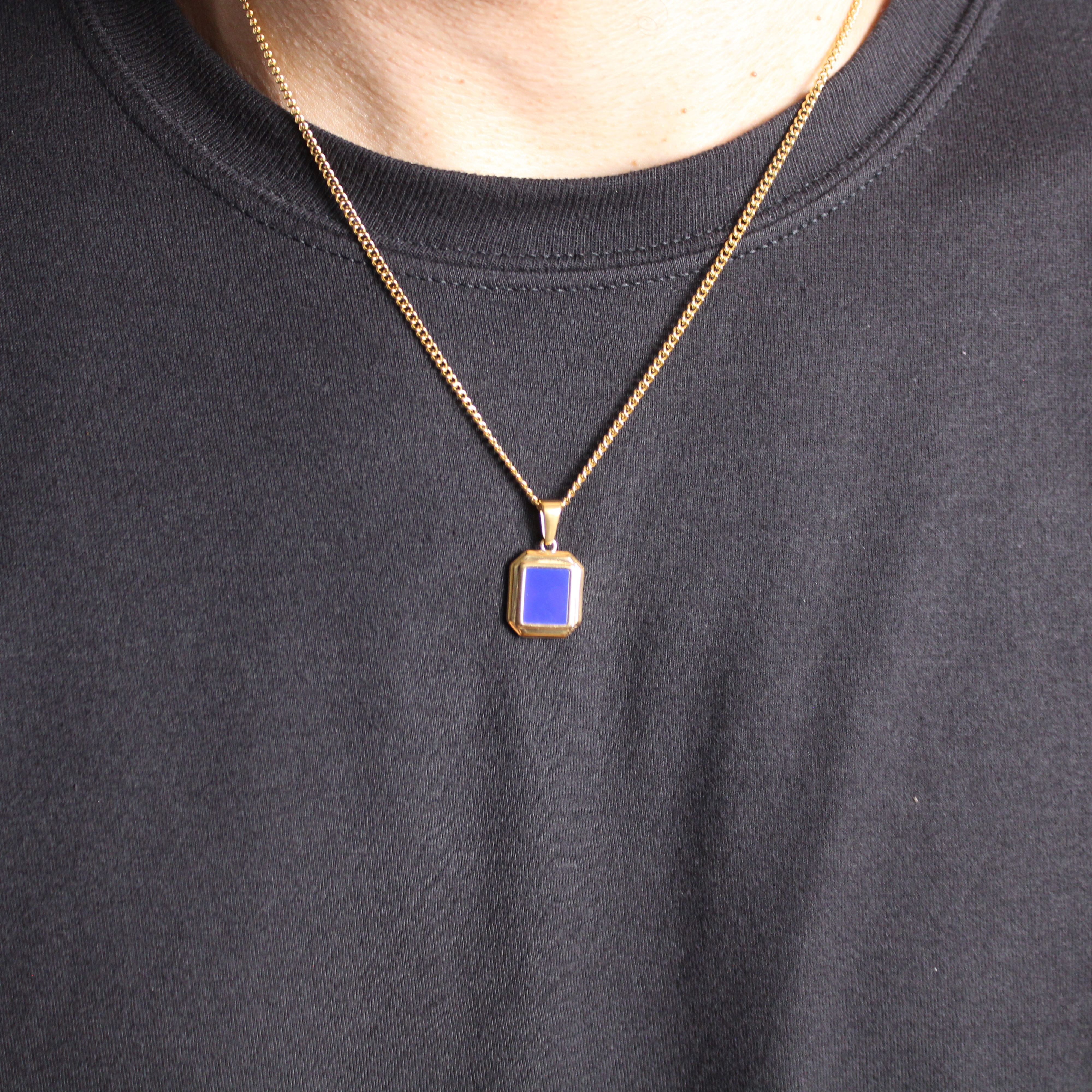 Gold Chain x Jewelry 18K Gold Mini Blue Enamel Pendant Necklace, Men's