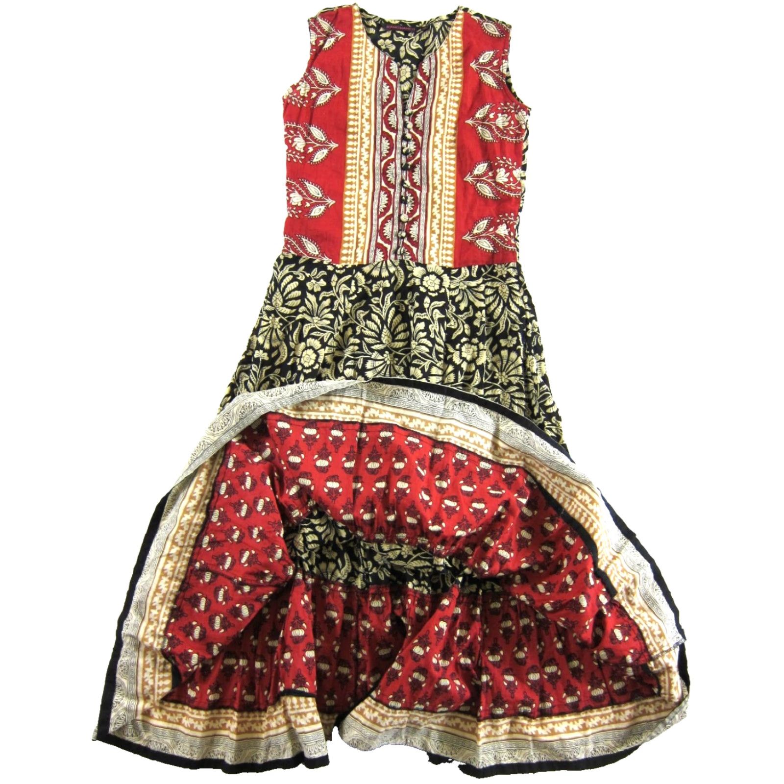 Vintage Rangmanch Cotton Red Yellow Black Floral Sleeveless Long Maxi Kurta Dress XS Size XS / US 0-2 / IT 36-38 - 5 Thumbnail