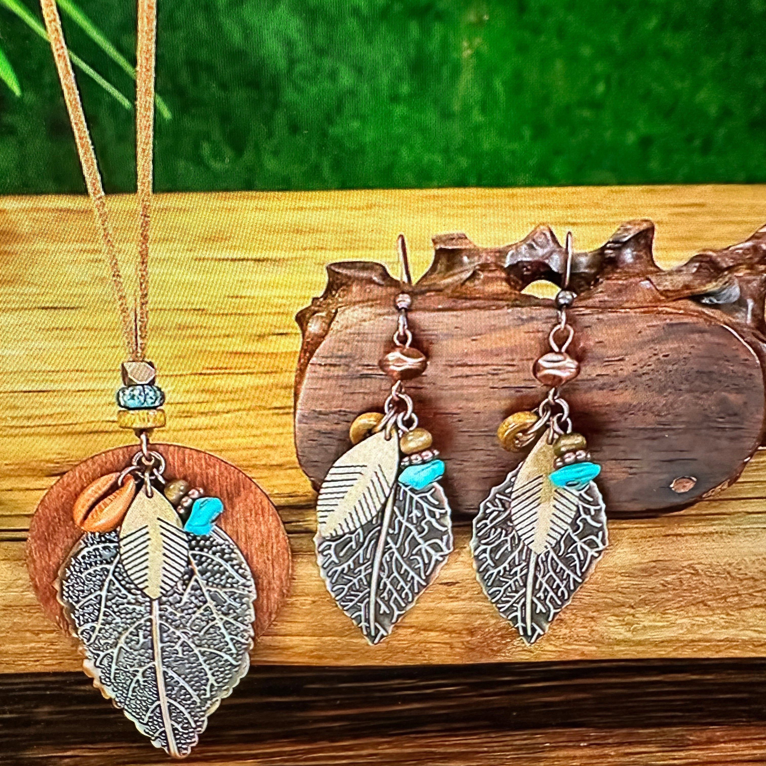 Other Bohemian Retro Copper Leaf Pendant Necklace Earrings Set For Size ONE SIZE - 3 Thumbnail